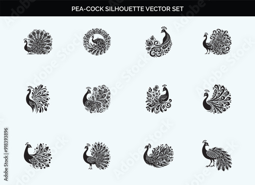 Black Peacock Silhouette Vector Design, Fully Editable on a Transparent Background