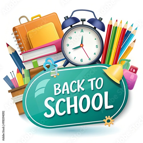 Simple and Clean 'Back to School' Banner Design with School Bag, Pencils, Books, and More photo