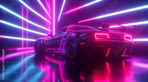 A sleek, futuristic sports car in a dark room with neon lights shining. The car's sleek design and glowing lines create a sense of speed and excitement.