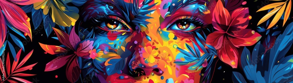 Obraz premium Colorful artistic portrait blending flowers and vibrant hues, creating a striking and captivating visual experience.