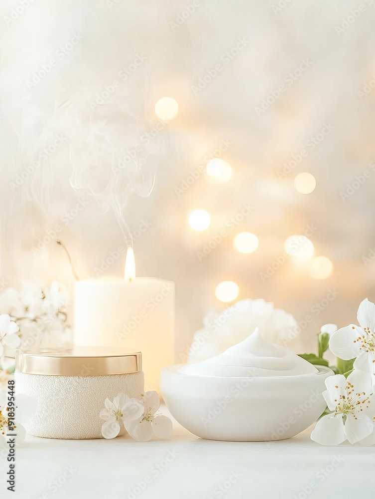 Elegant spa setup with candle, cream, and blooming flowers creating a serene ambiance perfect for relaxation and wellness. Elegant spa setup with candle, cream, and blooming flowers creating a serene ambiance perfect for relaxation and wellness.