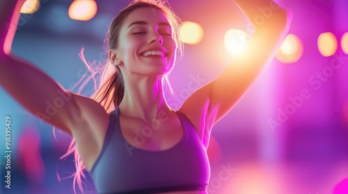 A joyful fitness enthusiast celebrates in a vibrant, colorful atmosphere, embracing movement and positivity.