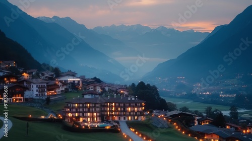 Serene Mountain Lodge at Dusk With Soft Ambient Lights in the Valley