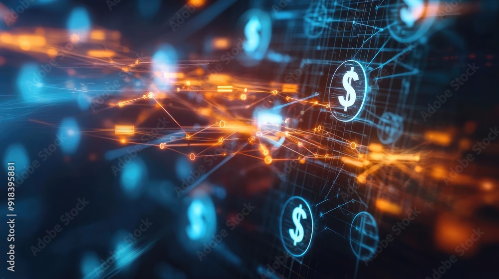 Innovative digital currency concept with glowing dollar symbols and network connections representing finance technology. Innovative digital currency concept with glowing dollar symbols and network connections representing finance technology.