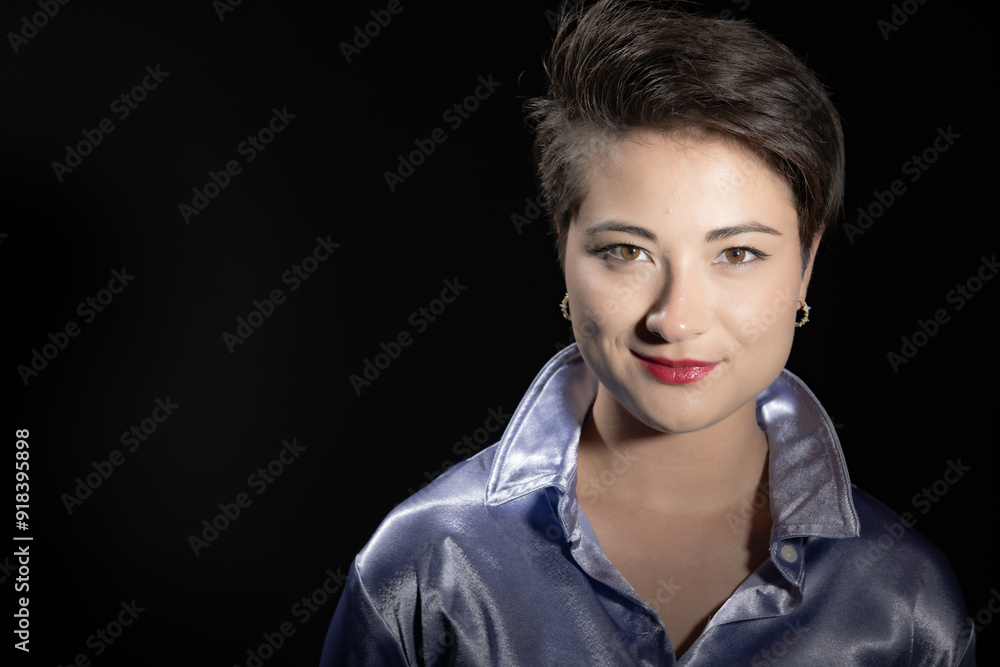 A striking portrait of a woman with short dark hair and a confident demeanor, in a shiny purple shirt, illuminated against a dark background, highlighting her elegance and poise. A striking portrait of a woman with short dark hair and a confident demeanor, in a shiny purple shirt, illuminated against a dark background, highlighting her elegance and poise.
