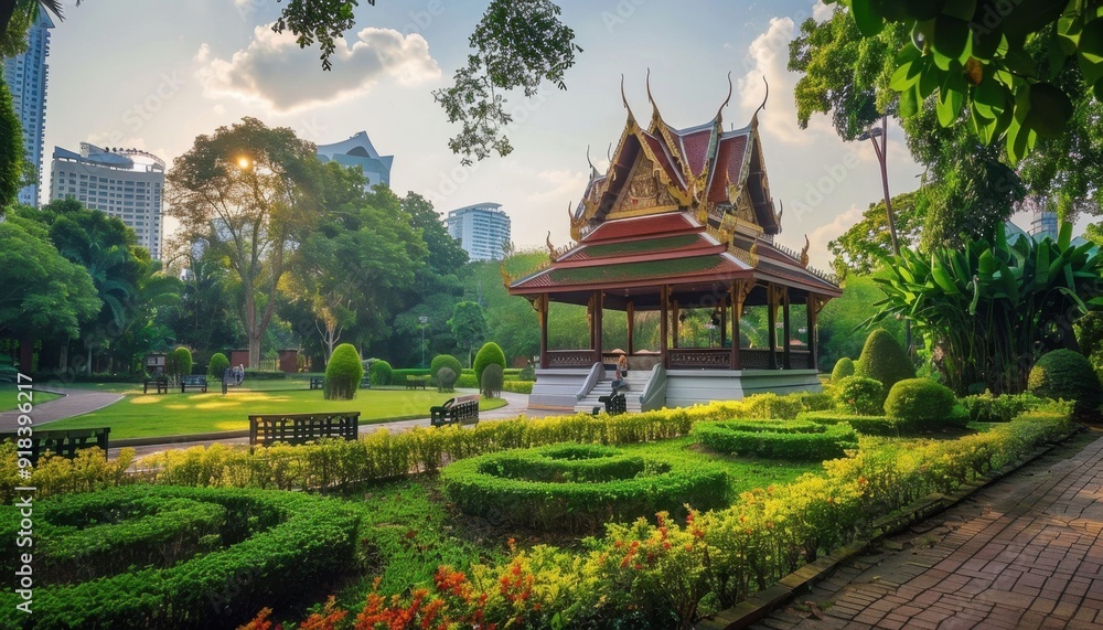 Serene pavilion surrounded by lush gardens in a city park during golden hour Serene pavilion surrounded by lush gardens in a city park during golden hour