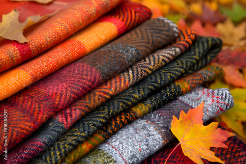 Fototapeta Naklejka Na Ścianę i Meble -  Stack of autumn clothes with fall leave in garden.