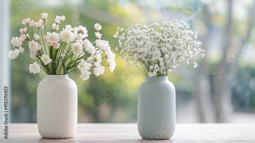 Fresh Flowers in Vases on Wooden Table With Blurred Green Background