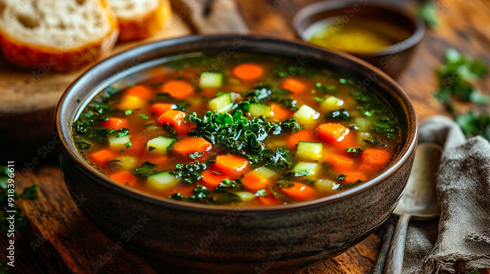 A bowl of vegetable soup with bread on a wooden table A bowl of vegetable soup with bread on a wooden table