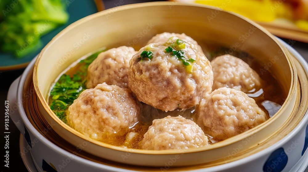 A bowl of meatballs in a bowl of soup on a table A bowl of meatballs in a bowl of soup on a table