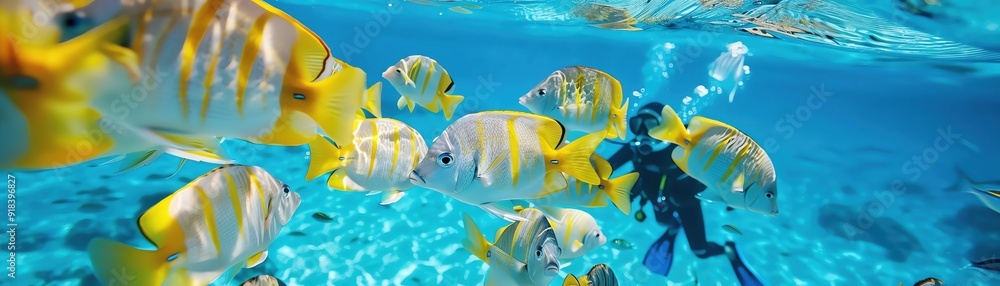 Fototapeta premium A diver interacting with vibrant fish in a clear blue ocean, showcasing the beauty of underwater life and marine biodiversity.