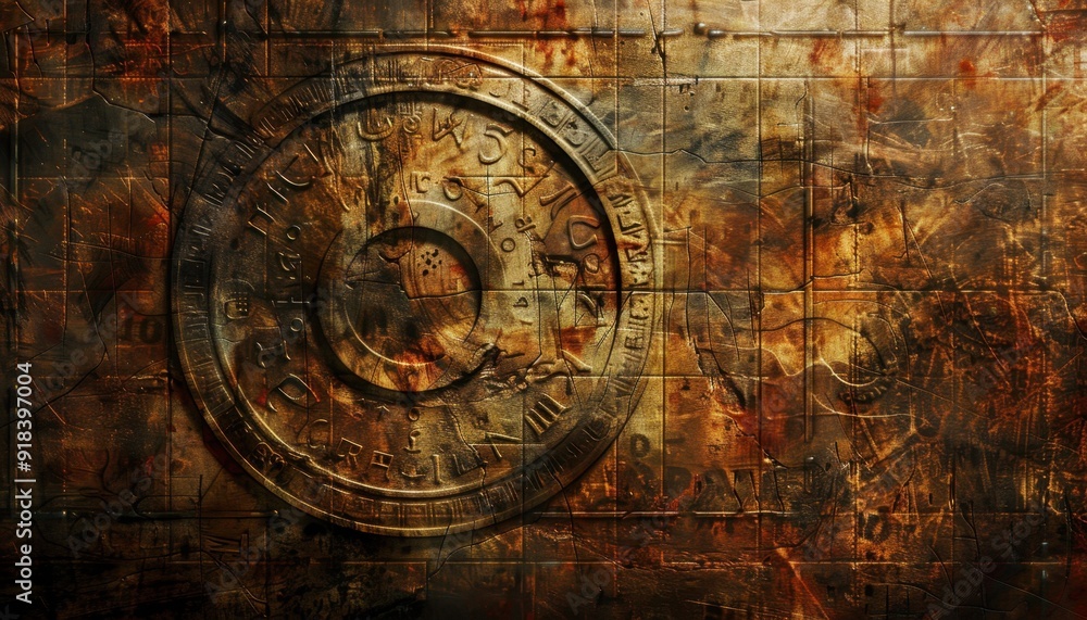 Ancient circular symbol etched on weathered stone wall with mysterious markings and patterns Ancient circular symbol etched on weathered stone wall with mysterious markings and patterns