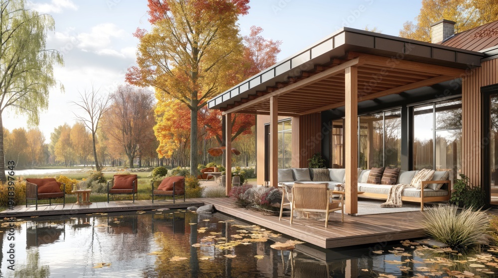 Fototapeta premium A modern lakeside retreat offers a serene setting with a porch, comfortable seating, and vibrant autumn leaves reflecting on the water