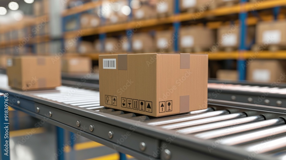 Packages on a conveyor belt are being processed in a bustling warehouse filled with shelves and boxes, showcasing an efficient logistics operation Packages on a conveyor belt are being processed in a bustling warehouse filled with shelves and boxes, showcasing an efficient logistics operation