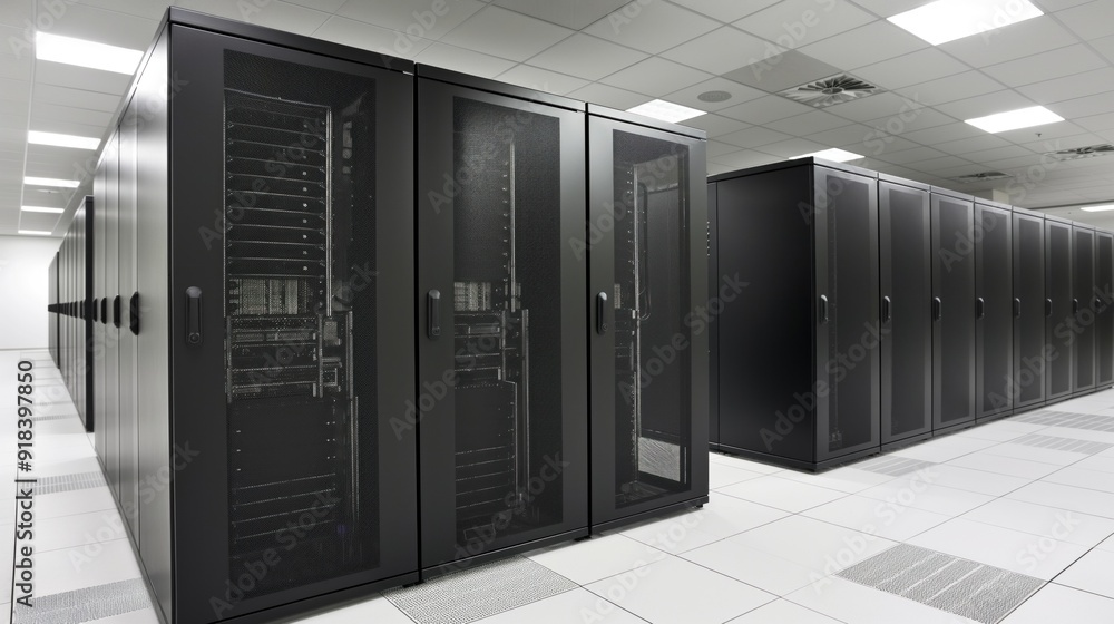 Rows of black server racks are arranged neatly in a well-lit data center, showcasing advanced technology essential for data management and storage Rows of black server racks are arranged neatly in a well-lit data center, showcasing advanced technology essential for data management and storage