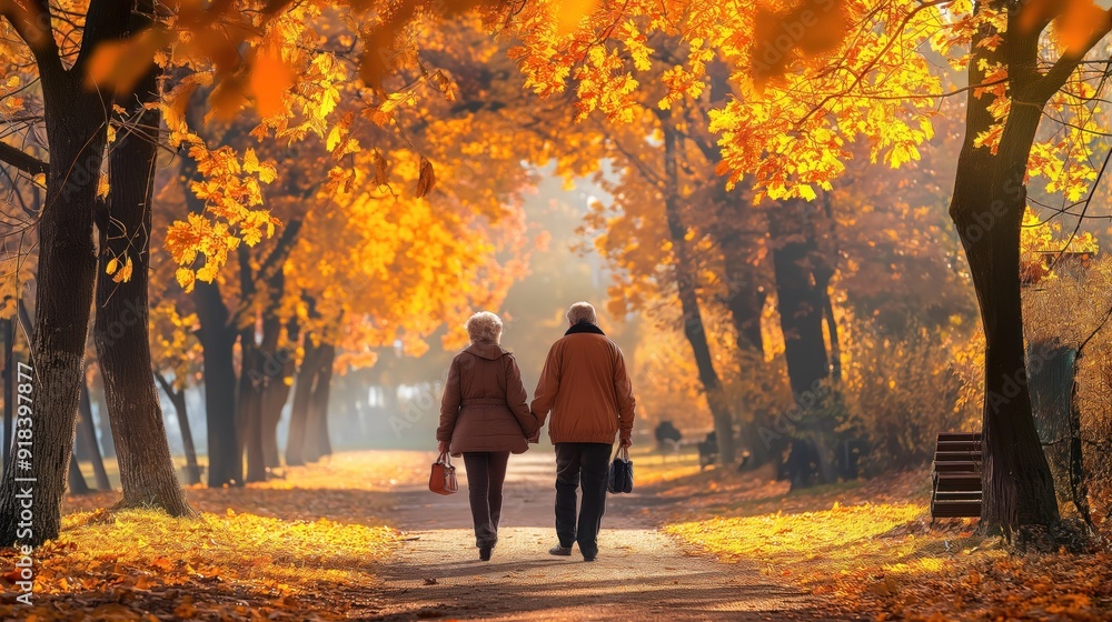 Elderly couple walking hand in hand in the park, expressions of love and companionship, autumn scenery with colorful leaves, promoting elderly well-being and active lifestyle Elderly couple walking hand in hand in the park, expressions of love and companionship, autumn scenery with colorful leaves, promoting elderly well-being and active lifestyle