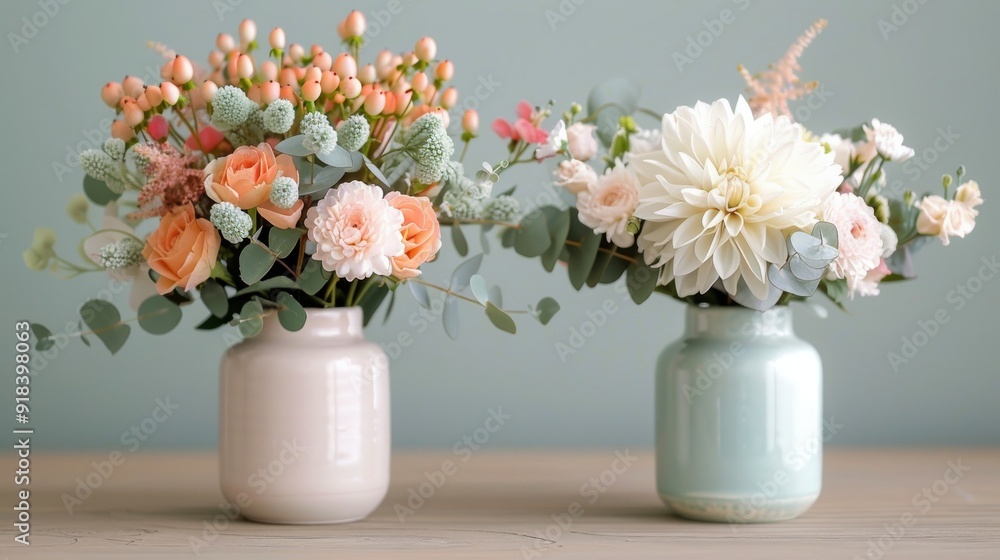 Fresh Flowers in Vases on Wooden Table With Blurred Green Background Fresh Flowers in Vases on Wooden Table With Blurred Green Background
