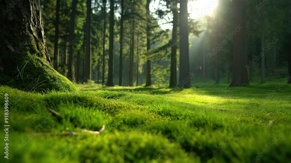 Sunlight streams through the towering trees, illuminating vibrant green moss covering the forest floor, creating a serene atmosphere during the early hours of the day Sunlight streams through the towering trees, illuminating vibrant green moss covering the forest floor, creating a serene atmosphere during the early hours of the day