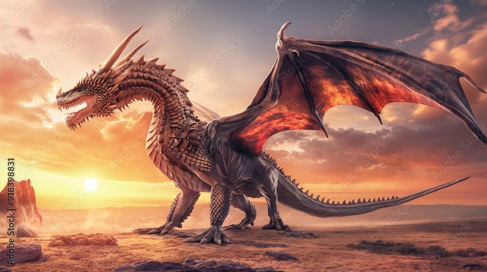 A magnificent dragon stands on rugged rocks, its wings spread wide, illuminated by the warm glow of a stunning sunset, showcasing vibrant colors and fierce energy A magnificent dragon stands on rugged rocks, its wings spread wide, illuminated by the warm glow of a stunning sunset, showcasing vibrant colors and fierce energy