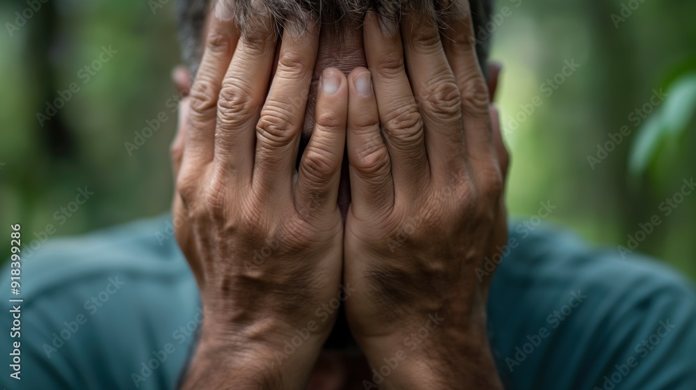 A man sits alone in a lush forest, covering his face with his hands, reflecting his emotional state amid the serene surroundings A man sits alone in a lush forest, covering his face with his hands, reflecting his emotional state amid the serene surroundings