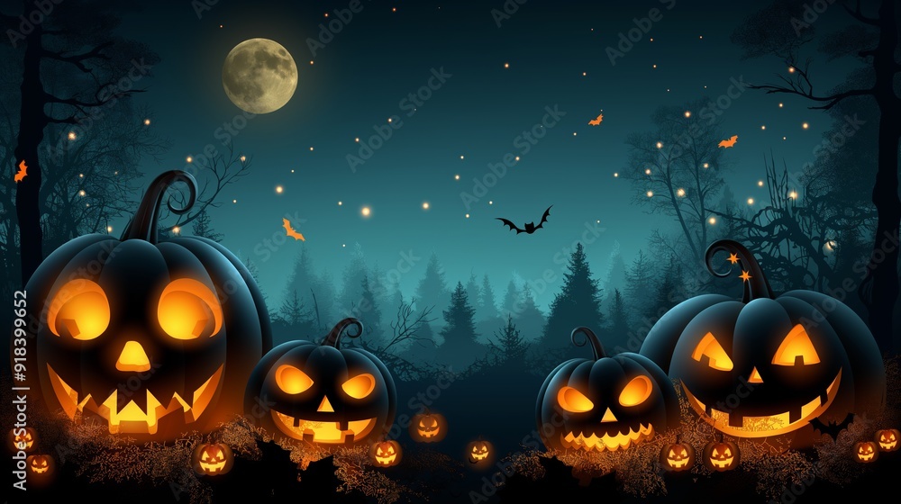 Glowing Halloween pumpkins with carved faces light up a spooky forest under a full moon with flying bats. Glowing Halloween pumpkins with carved faces light up a spooky forest under a full moon with flying bats.