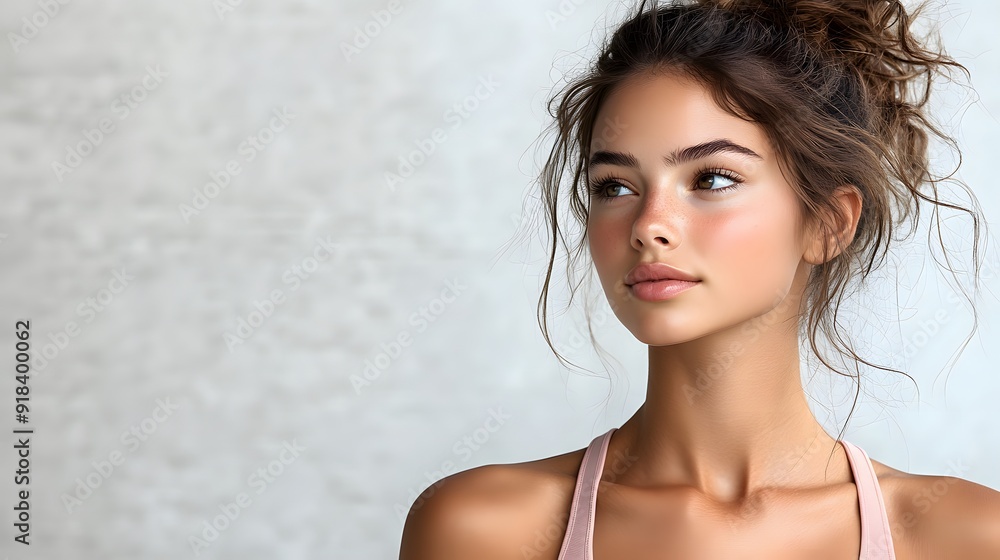 A young athletic woman in a light-colored summer sports bra, looking away with a serene expression, against a transparent background A young athletic woman in a light-colored summer sports bra, looking away with a serene expression, against a transparent background