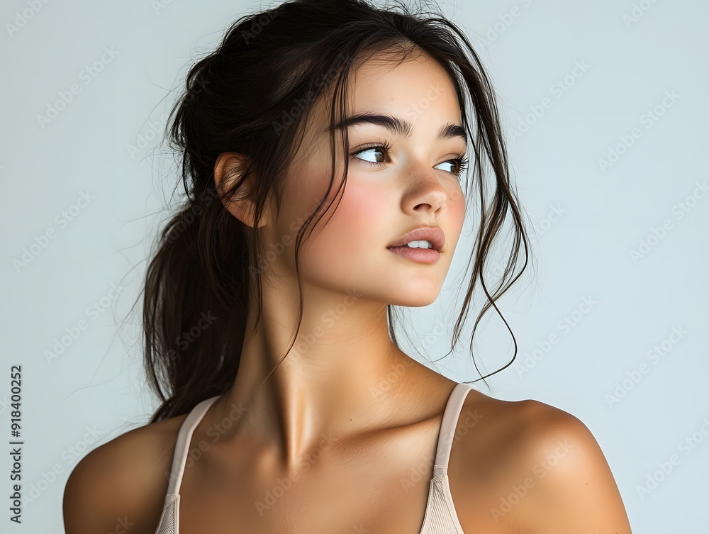 A young athletic woman in a light-colored summer sports bra, looking away with a serene expression, against a transparent background A young athletic woman in a light-colored summer sports bra, looking away with a serene expression, against a transparent background