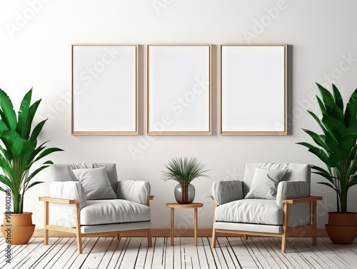 Wonderful Interior poster mock up in living room with white wall, two vertical empty wooden frame