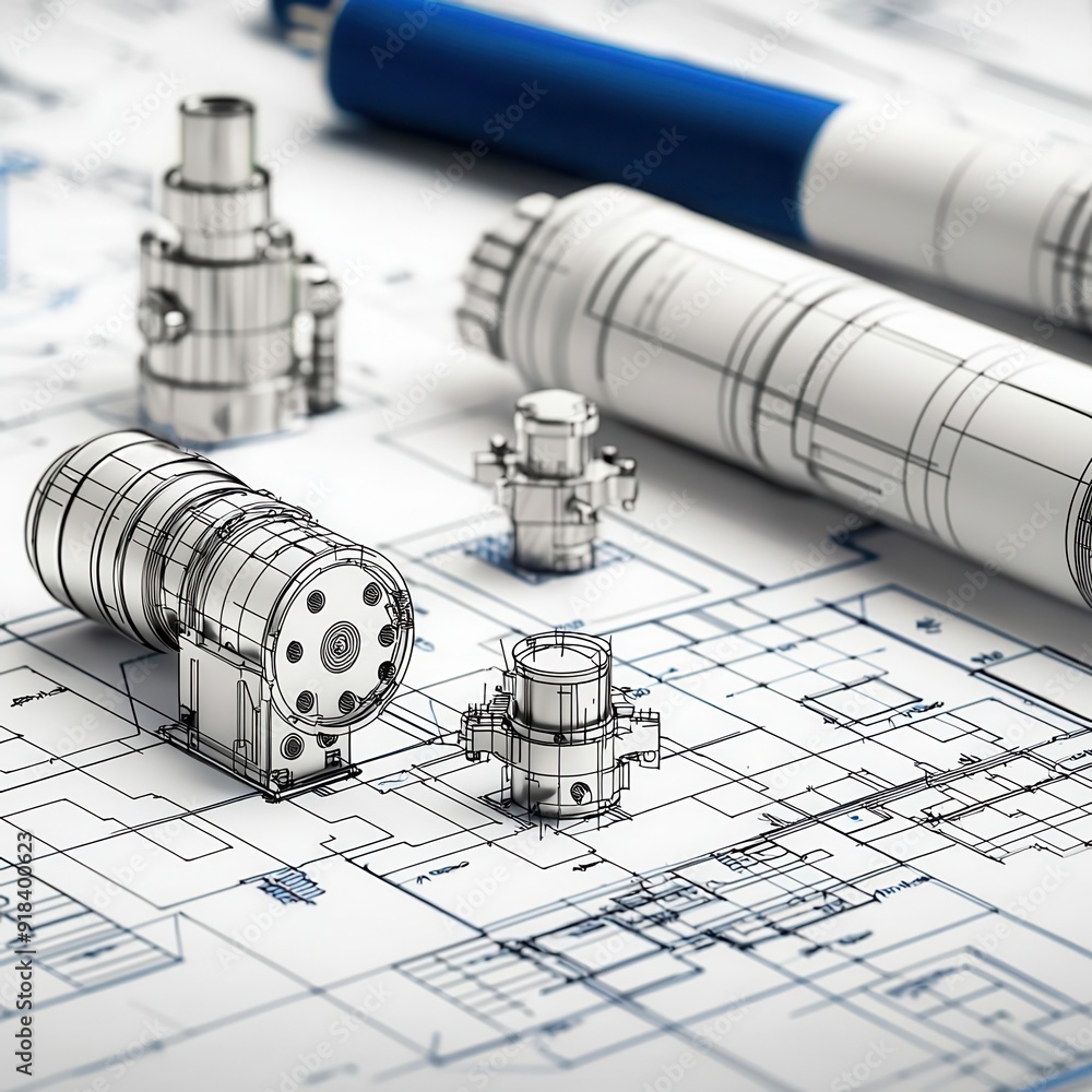 Blueprint showing mechanical components of a hydraulic system, detailed ...