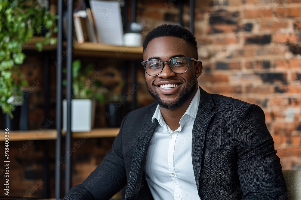 Portrait of a smiling black man wearing glasses and a black suit jacket Portrait of a smiling black man wearing glasses and a black suit jacket
