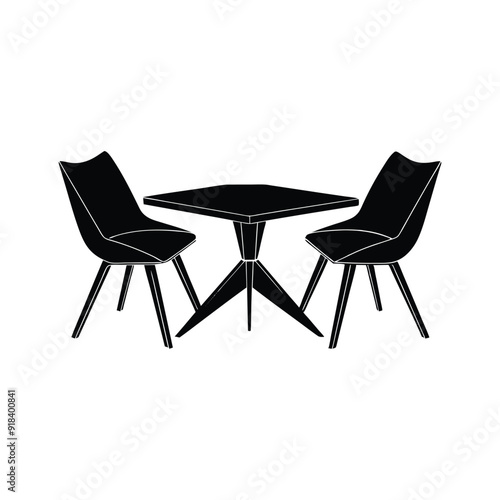 Modern table with two minimalist chairs silhouette isotated on white background.