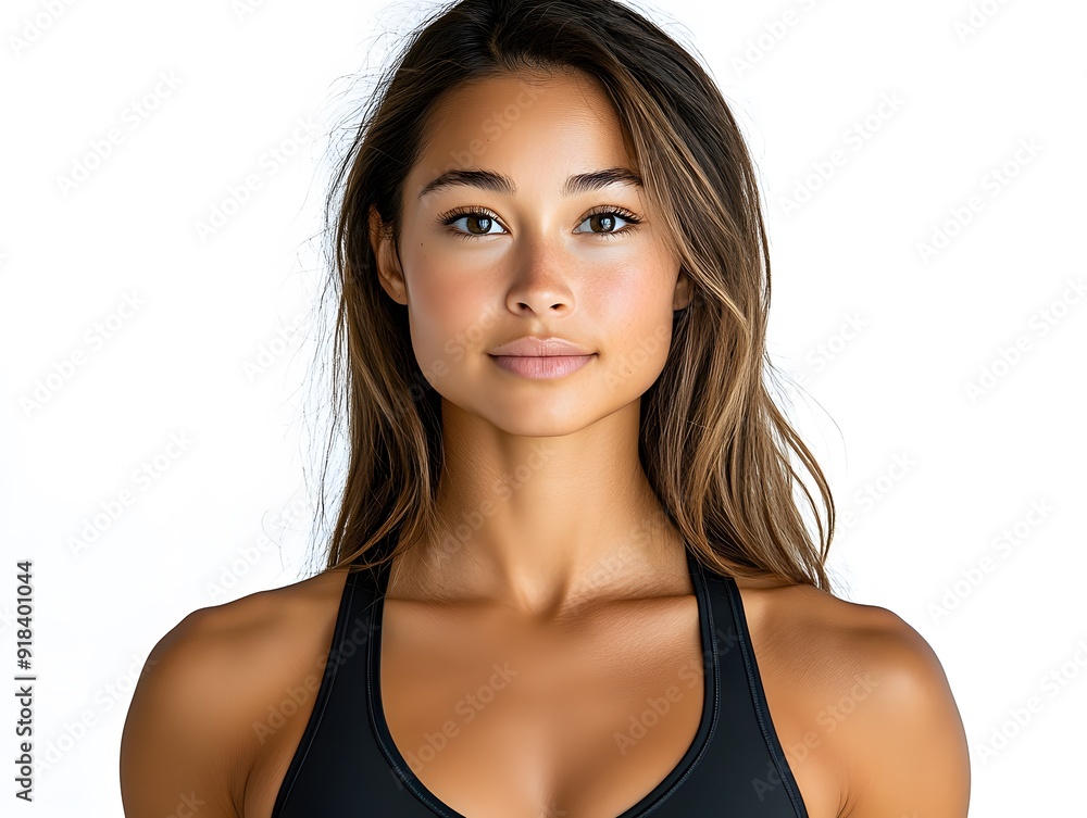 Portrait of a confident woman in a sporty summer sports bra, with loose hair cascading over her shoulders, isolated on transparent background Portrait of a confident woman in a sporty summer sports bra, with loose hair cascading over her shoulders, isolated on transparent background