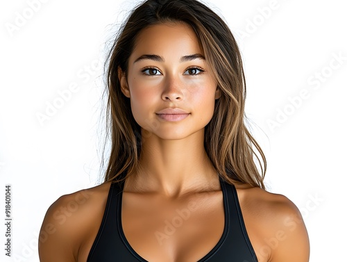 Portrait of a confident woman in a sporty summer sports bra, with loose hair cascading over her shoulders, isolated on transparent background