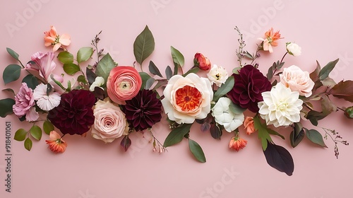 A Delicate Arrangement of Pink, White, and Burgundy Flowers with Green Foliage on a Pink Background