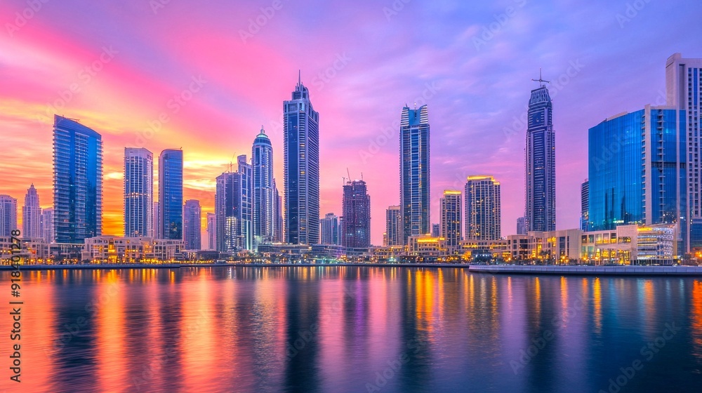Obraz premium Stunning city skyline at dusk with vibrant colors reflecting on the water. Urban landscape with tall buildings and a beautiful sunset. Ideal for cityscape and travel themes. AI