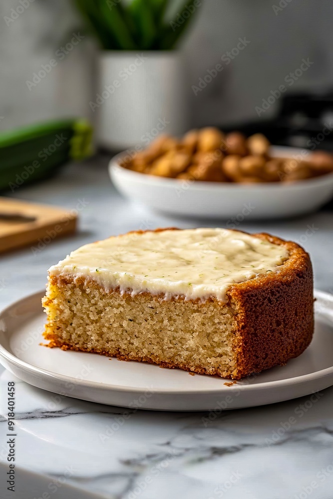 A slice of cake on a white plate on a marble counter A slice of cake on a white plate on a marble counter