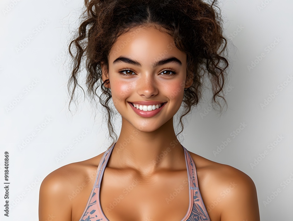 Portrait of a beautiful woman in a patterned summer sports bra, with a radiant smile, isolated on transparent background Portrait of a beautiful woman in a patterned summer sports bra, with a radiant smile, isolated on transparent background