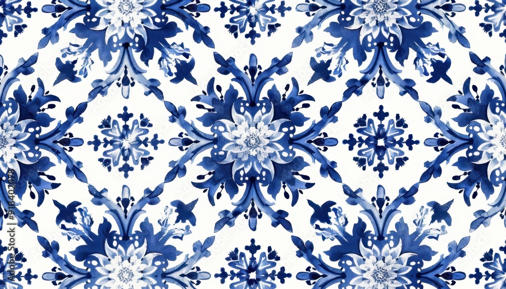 Floral blue and white patterned tiles in a classic design Floral blue and white patterned tiles in a classic design