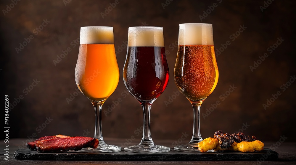 Naklejka premium Three glasses of beer and some food on a table