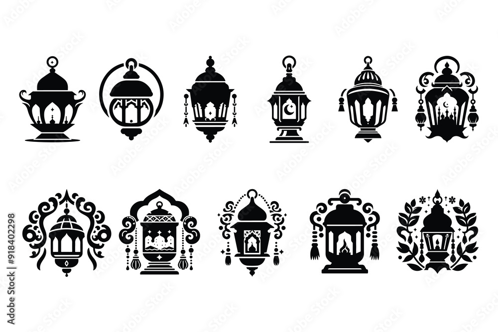 Fototapeta premium lantern icon set. Islamic lantern element set for Ramadan in silhouettes.