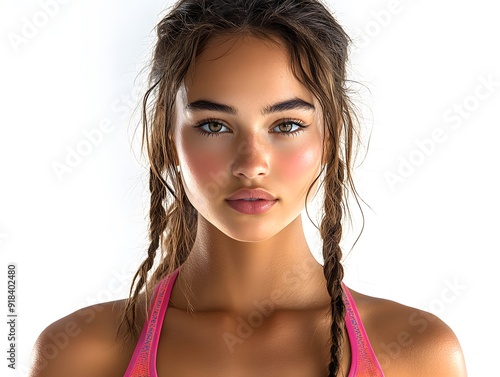 Portrait of a vibrant young woman in a high-energy summer sports bra, with a focused look, isolated on white background