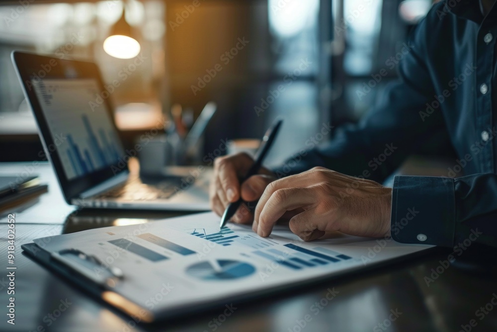 Close up of a person reviewing financial graphs and charts in an office setting Close up of a person reviewing financial graphs and charts in an office setting