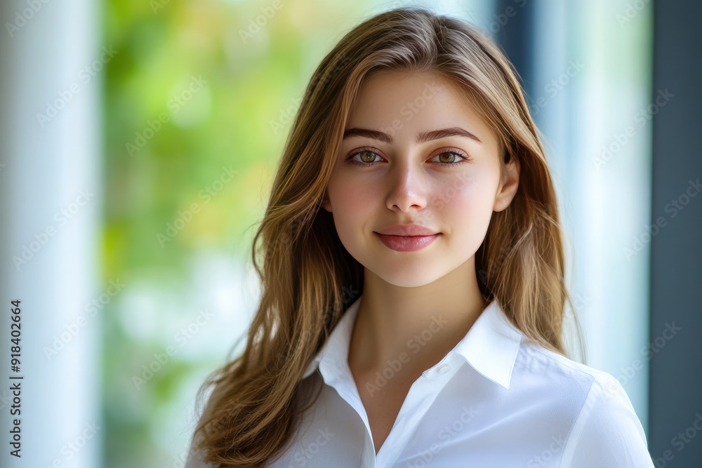 Fototapeta premium Portrait of a Young Woman with Long Brown Hair and a White Shirt