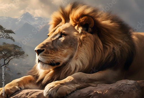 A majestic lion resting on a rocky outcrop, gazing into the distance. The background features a dramatic landscape with mountains and a cloudy sky, highlighting the lion's regal appearance.