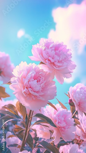 Resplendent Peony Blossoms Grace the Sky with Delicate Hues, an Animated Style Celebration of Nature's Elegance,Abstract concepts, game concept art, storybook illustrations, comic strips