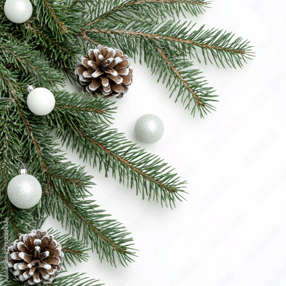 Dark Green Pine Branches Adorned with Pine Cones and White Baubles: Elegant Holiday Decor Dark Green Pine Branches Adorned with Pine Cones and White Baubles: Elegant Holiday Decor