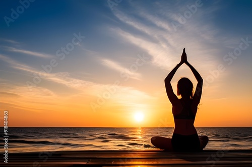 yoga on the beach at sunset with copy space