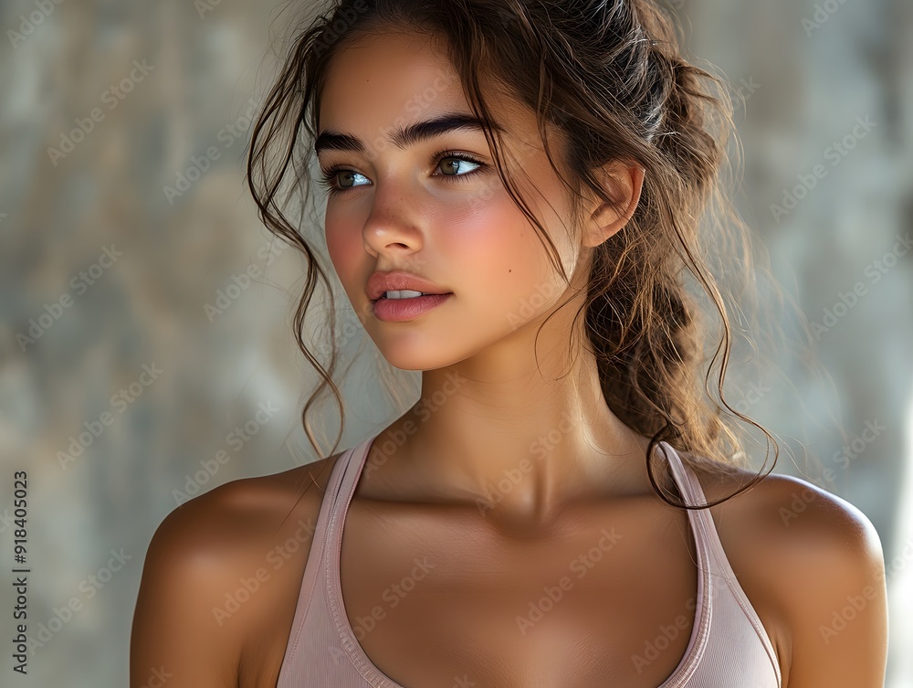 A young athletic fitness woman in a light-colored sports bra, looking away with a serene expression, against a transparent background A young athletic fitness woman in a light-colored sports bra, looking away with a serene expression, against a transparent background