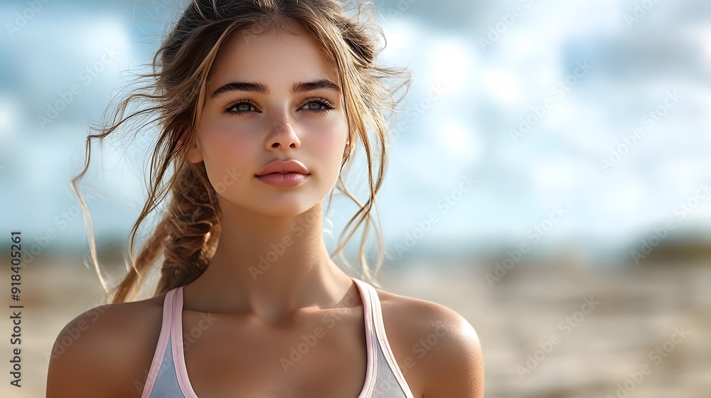 A young athletic fitness woman in a light-colored sports bra, looking away with a serene expression, against a transparent background A young athletic fitness woman in a light-colored sports bra, looking away with a serene expression, against a transparent background