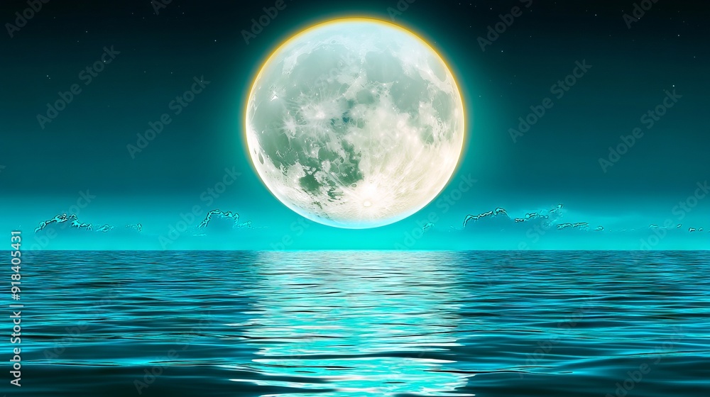 A full moon over the ocean at night with clouds in the sky A full moon over the ocean at night with clouds in the sky